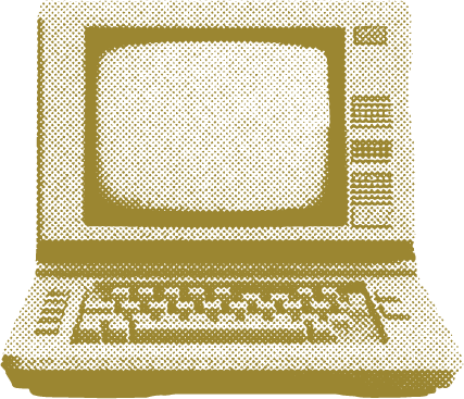 A pixelated image of an old-fashioned computer with a monitor, keyboard, and mouse.