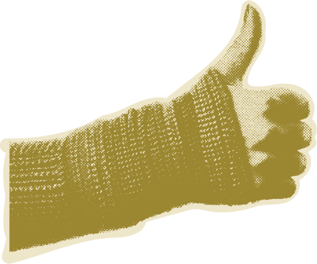 Close-up of a forearm & hand, wearing a 1980s arm warmer and giving a thumbs up; stylized in a gold, retro, dotted-halftone pattern.
