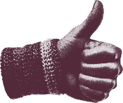 Close-up of a forearm & hand, wearing a 1980s arm warmer, giving a thumbs up; stylized in a faded purple, retro, dotted-halftone pattern.