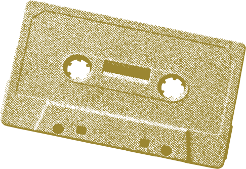 An vintage cassette tape with two spools and a label area, lying at an angle, stylized in a gold, retro, dotted-halftone pattern.