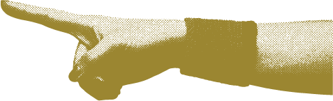 Close-up of a finger pointing, with a 1980s tennis wristband on wrist; stylized in a gold, retro, dotted-halftone pattern.