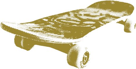 A vintage 1980s skateboard with wooden deck, stylized in a gold, retro, dotted-halftone pattern.