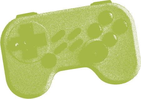 A vintage 1980s gaming controller, stylized in a green, retro, dotted-halftone pattern.