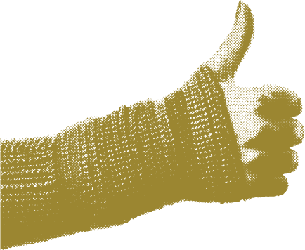 Close-up of a forearm & hand, wearing a 1980s arm warmer and giving a thumbs up; stylized in a gold, retro, dotted-halftone pattern.
