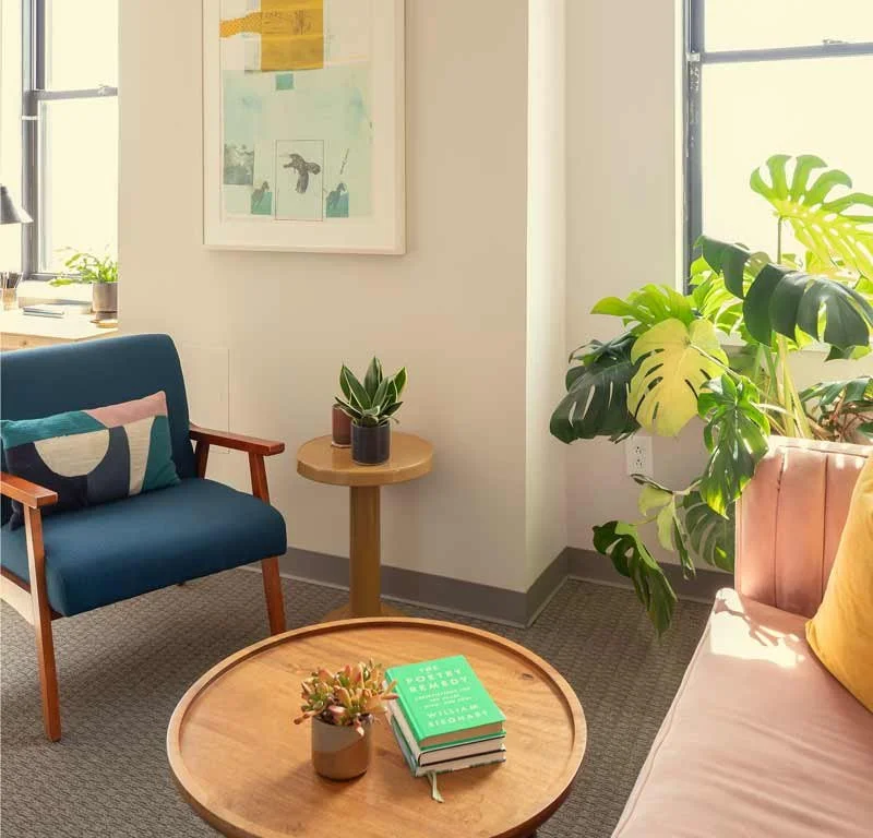 Green Fig's therapy & coaching office in Philadelphia, with a blue armchair & graphic pillow, a cozy pink velvet sofa & yellow plush pillow, a large green monstera plant, a wooden coffee table with a succulent & books, & framed artwork on the wall.