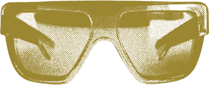 A pair of vintage 1980s sunglasses with a thick frame, stylized in a gold, retro, dotted-halftone pattern.