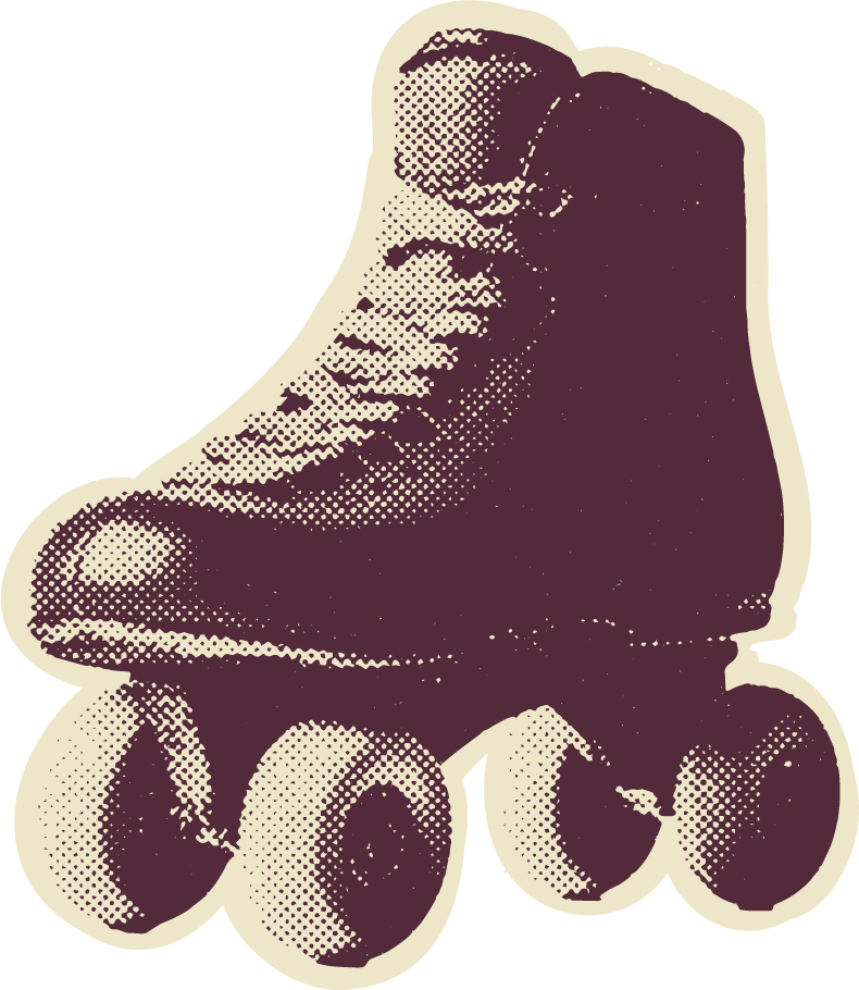 A vintage 1980s roller skate with four wheels, stylized in a faded purple, retro, dotted-halftone pattern.