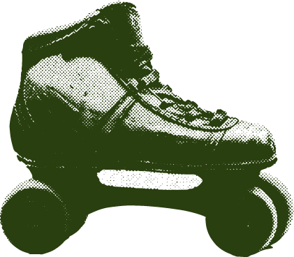 A vintage 1980s roller skate with four wheels, stylized in a dark green, retro, dotted-halftone pattern.