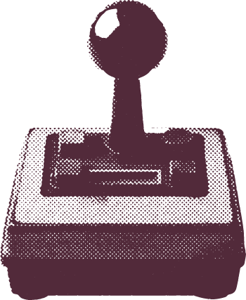 A vintage 1980s joystick with a round ball top, connected to a rectangular base; image has a faded purple halftone effect.