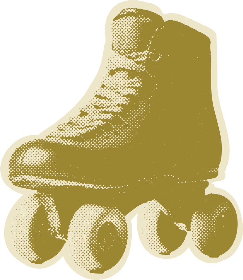 A vintage 1980s roller skate with four wheels, stylized in a gold, retro, dotted-halftone pattern.