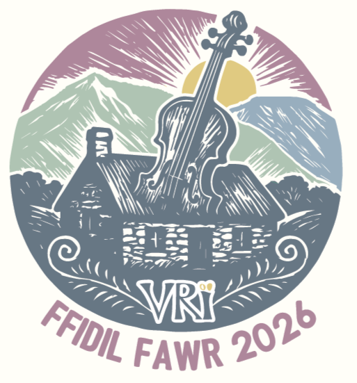 A stylized logo featuring a mountain landscape with a sunset, a castle, and a large musical instrument (violin) in the center. Text at the bottom reads 'VRI FIDIL FAWR 2026'.