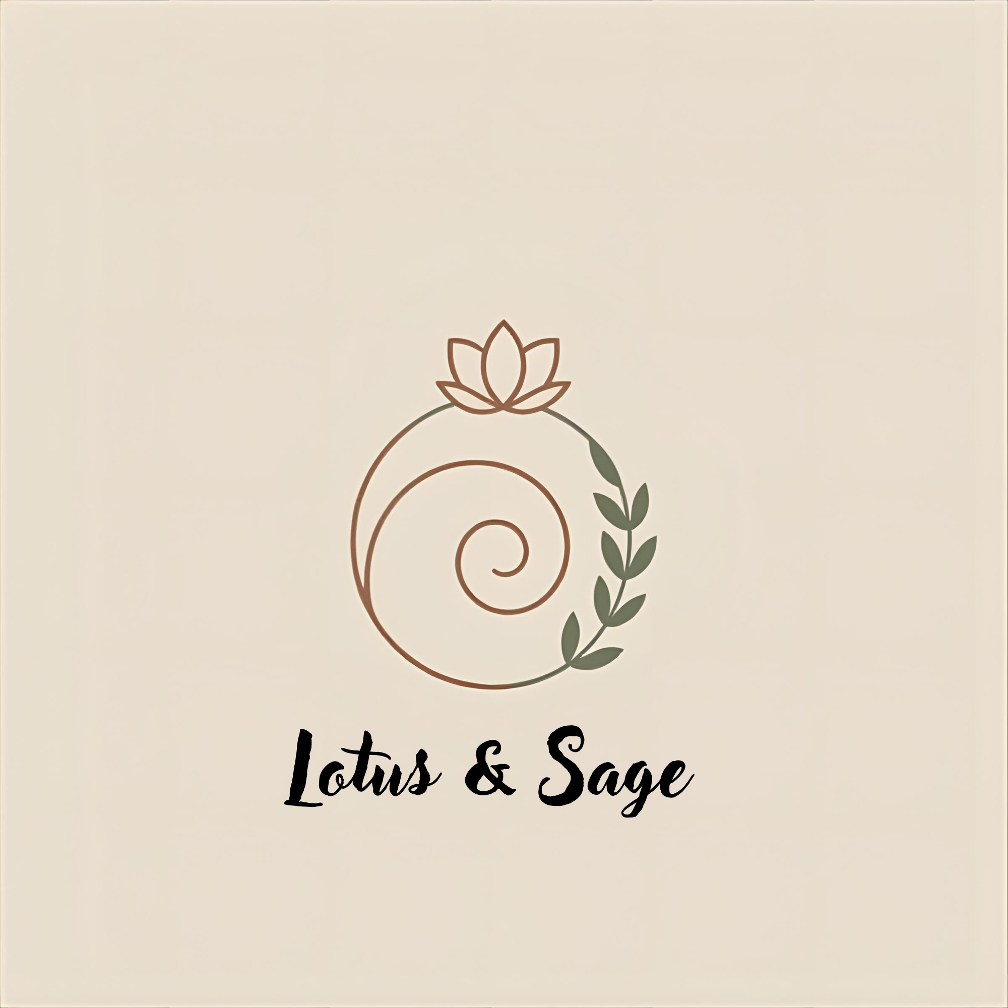 Celtic inspired spiral logo with a lotus flower blooming from it and sage leaves as if from one plant, implying interwoven heritage and traditions