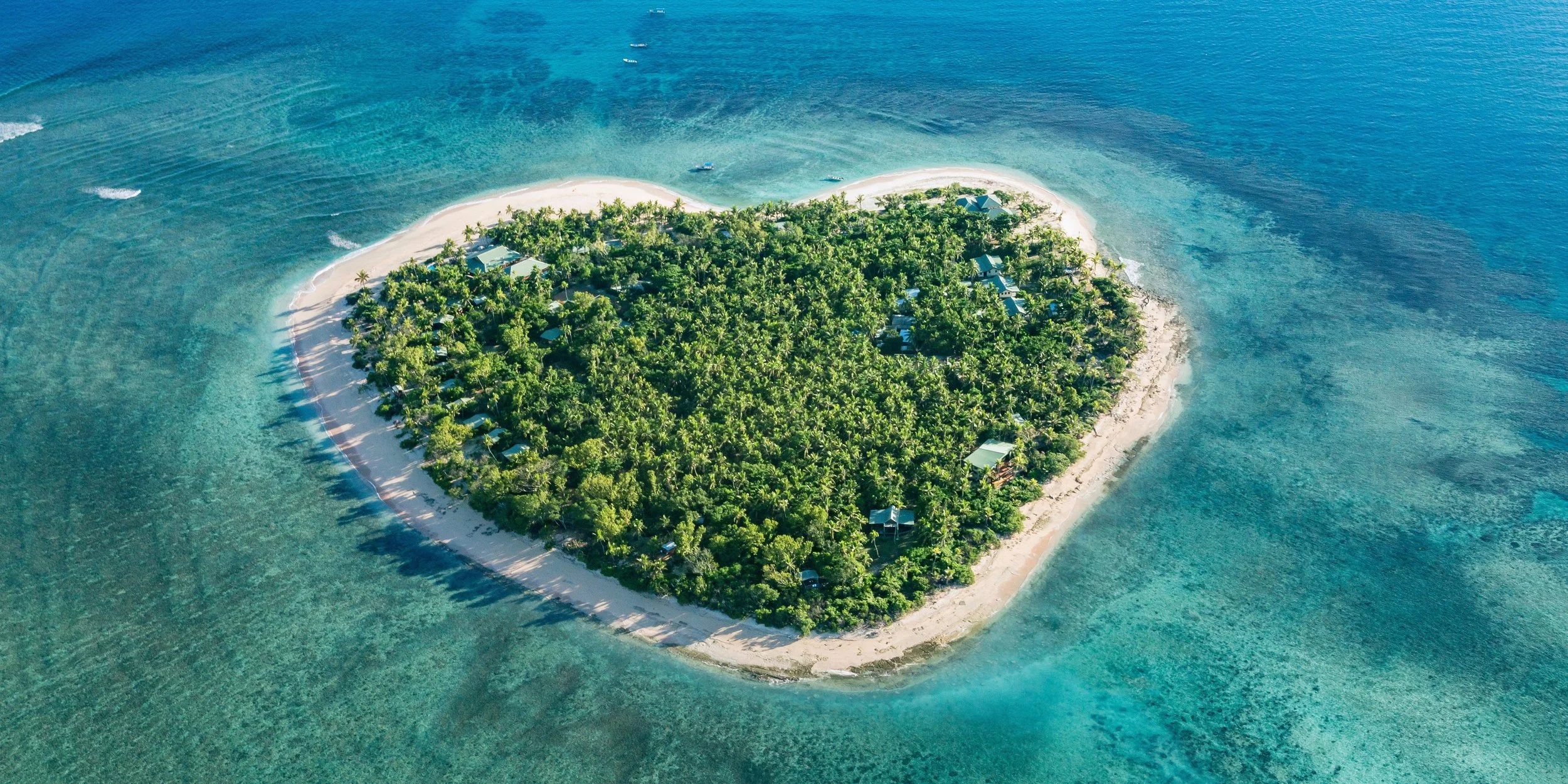 Une île tropicale entourée d'eau turquoise claire, avec une plage de sable blanc et beaucoup de végétation dense, vues d'en haut.