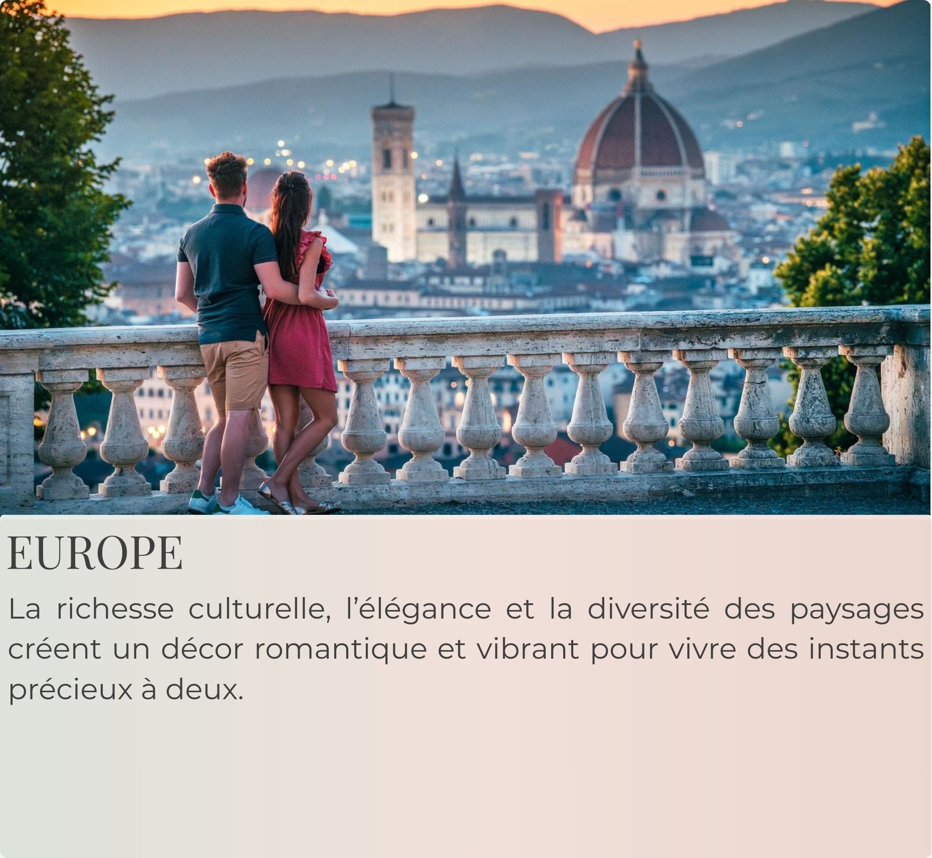 Couple en voyage romantique en Europe, expérience sur mesure pour lune de miel ou séjour à deux