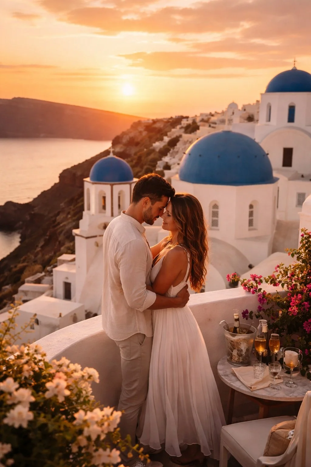 Un couple s'embrassant lors d'un coucher de soleil sur la terrasse d'un bâtiment blanc avec des dômes bleus à Santorin, Grèce.