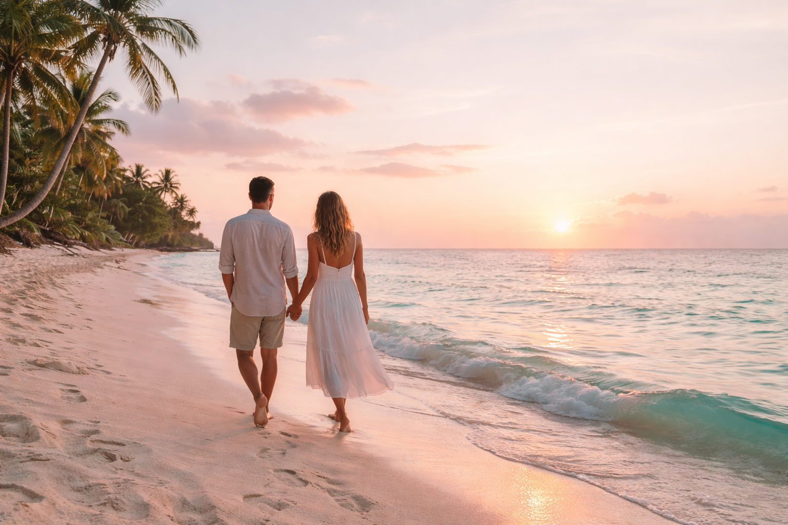 Couple en lune de miel sur une plage paradisiaque dans les Caraïbes au coucher du soleil