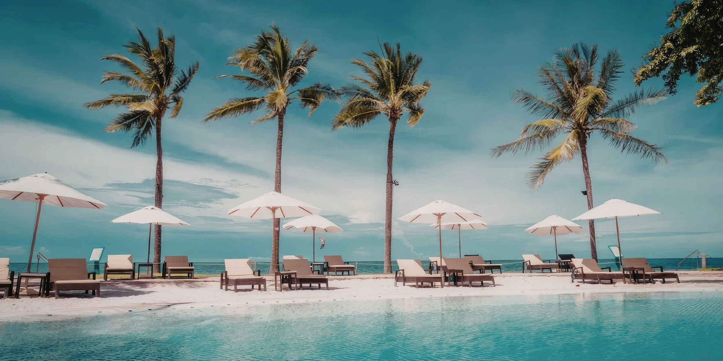 Plage avec palmiers, parasols blancs, chaises longues, et vue sur la mer sous un ciel bleu