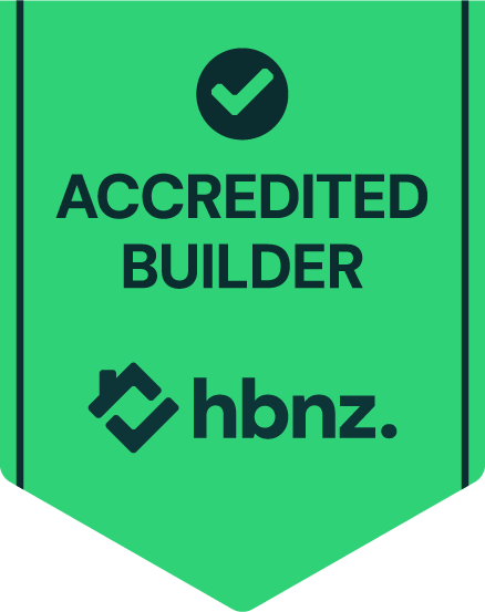Green badge with a checkmark and the text 'Accredited Builder' and 'hbnz' logo.