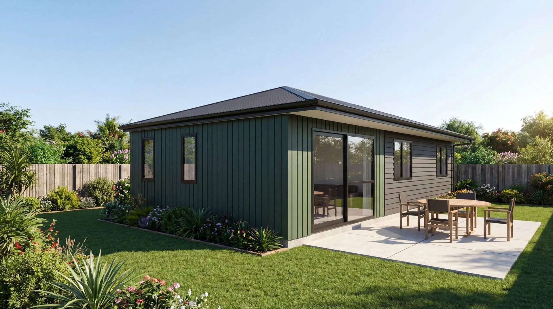Home Builders NZ house plan render of a house plan with mixed cladding style and a Hip roof.
