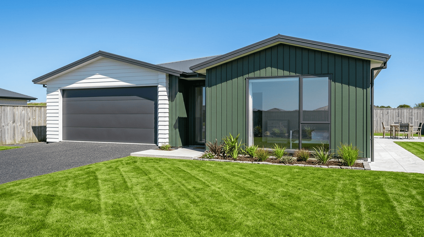 HB04 exterior with gable roof and garage