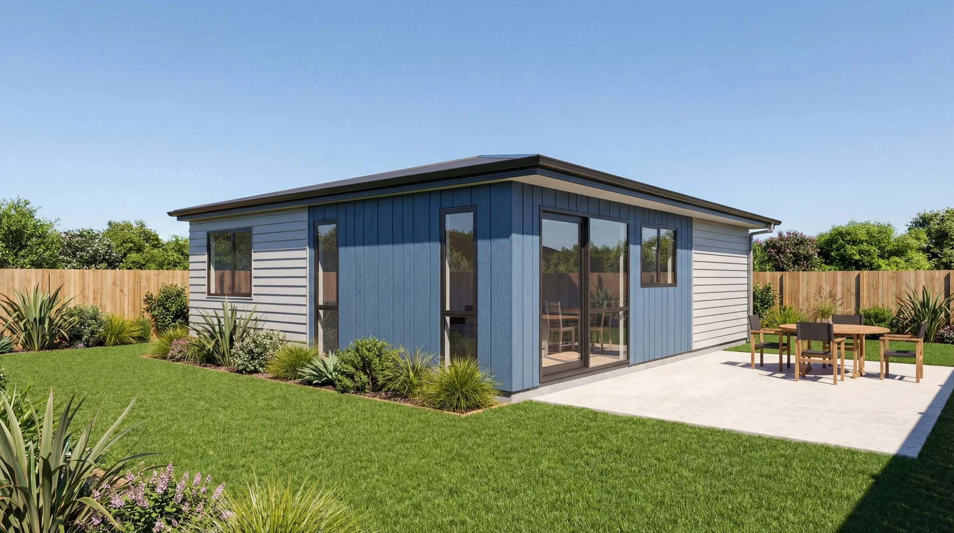 Home Builders NZ house plan render of a square house plan with mixed cladding style and a Hip roof.