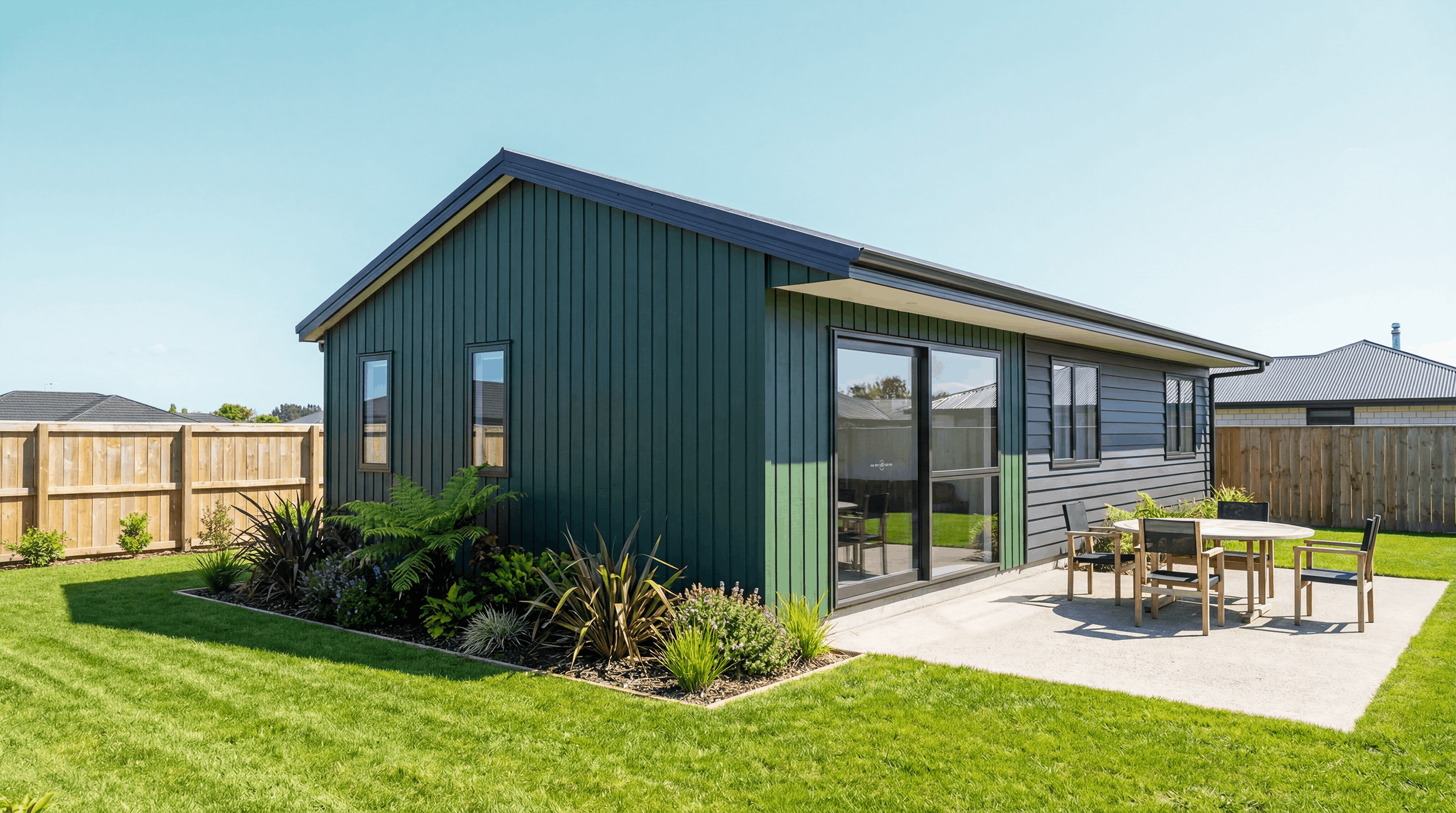 Home Builders NZ house plan render of a rectangle shaped house plan with mixed cladding style and a Gable roof.