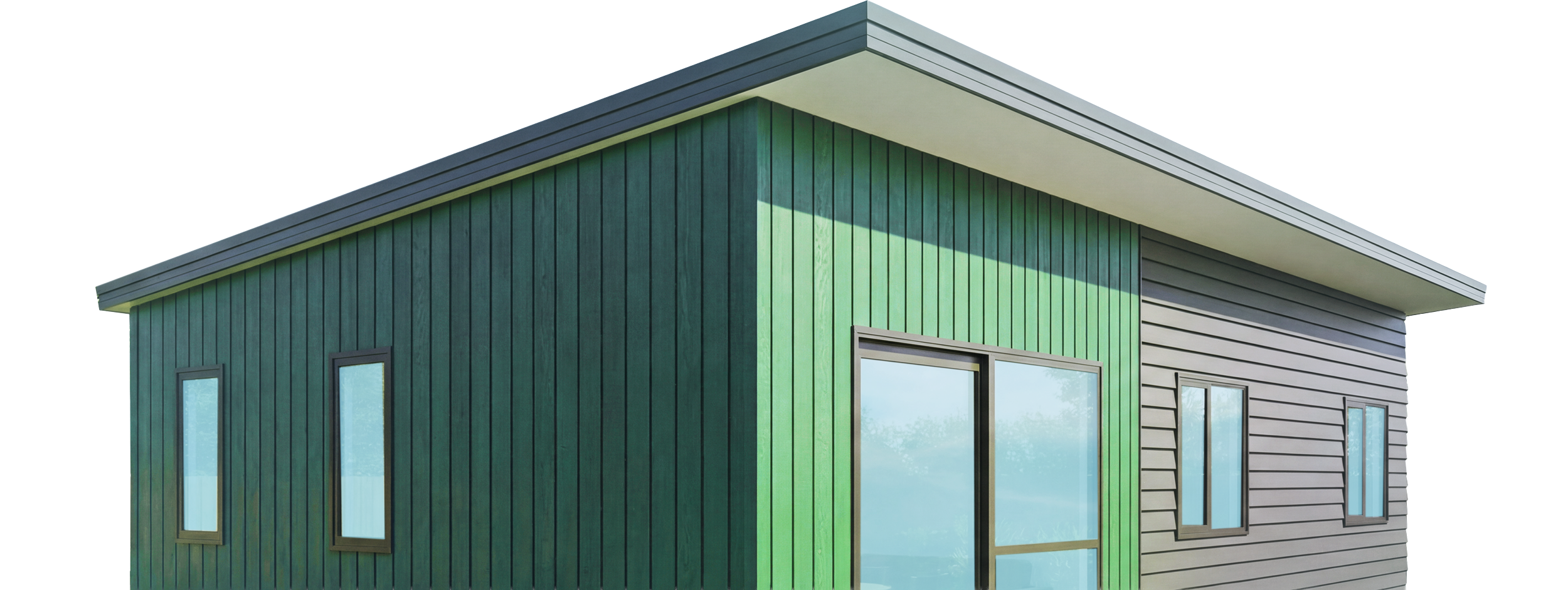 Home Builders NZ house plan render of a modern granny flat with mixed cladding style and a mono style roof.