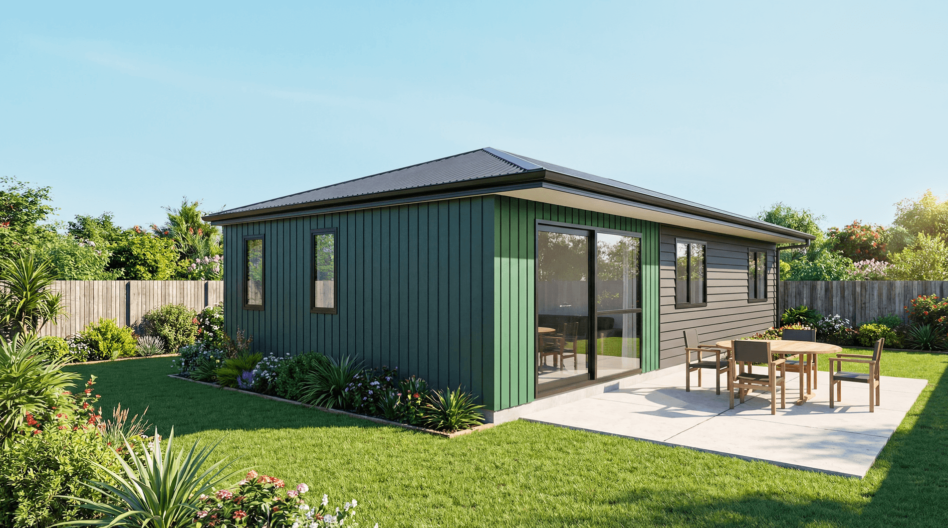 Home Builders NZ house plan render of a square house plan with mixed cladding style and a Hip roof.