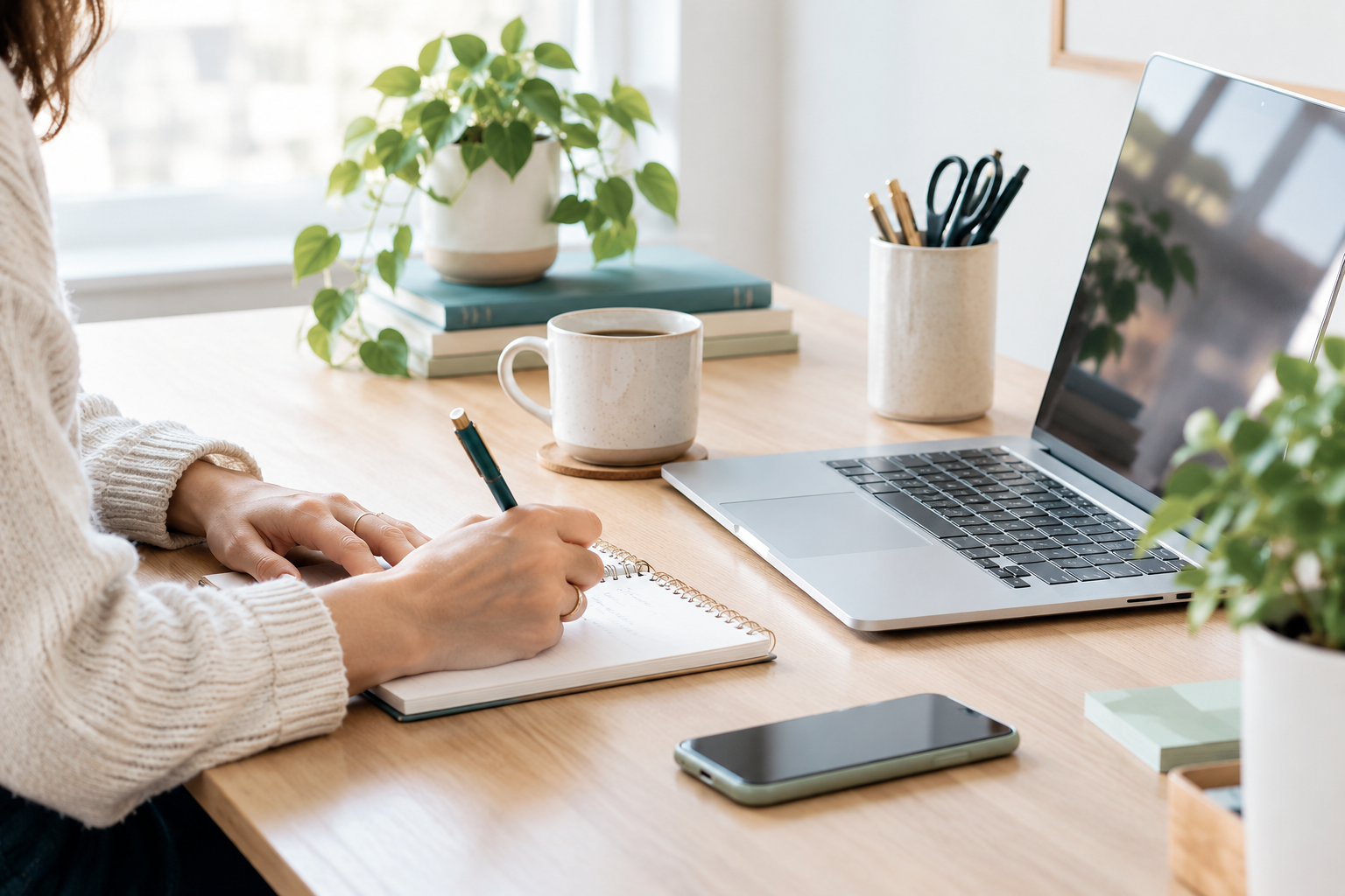 A person writing in a notebook at a wooden desk with a laptop, a coffee mug, a smartphone, potted plants, and books.