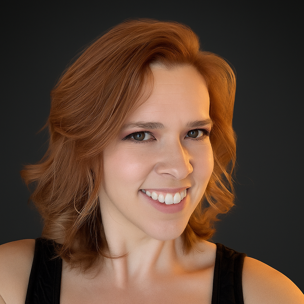 Close-up of a smiling woman with shoulder-length wavy red hair and light skin, wearing a black top, against a dark background.