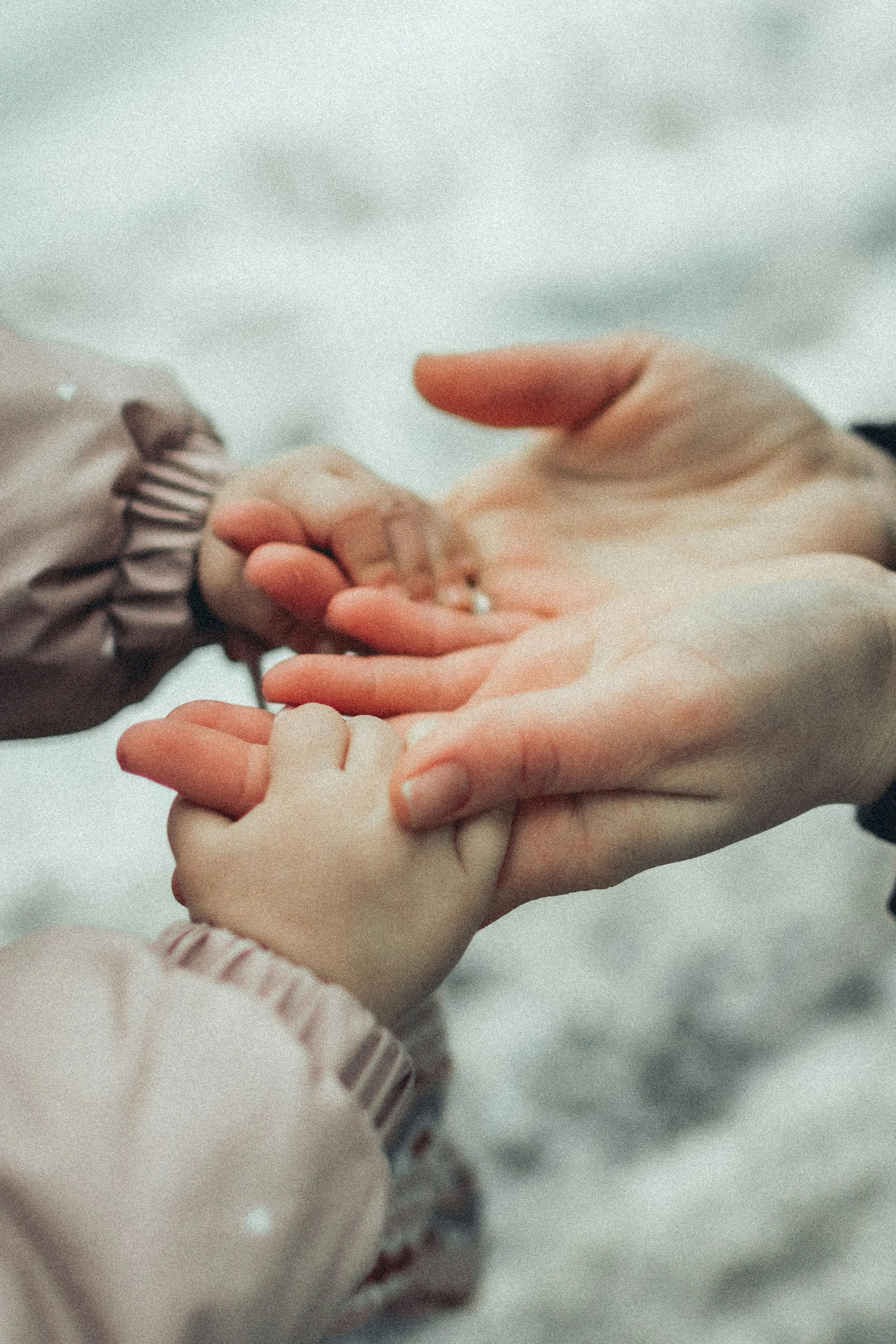 Close-up of an adult holding a child's hand, both hands appear to be connected gently.