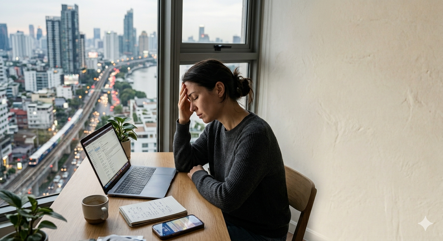 A woman sitting at a wooden desk with a laptop, notebook, smartphone, and coffee mug, looking stressed with her hand on her forehead, by a large window showing a city skyline and a river.