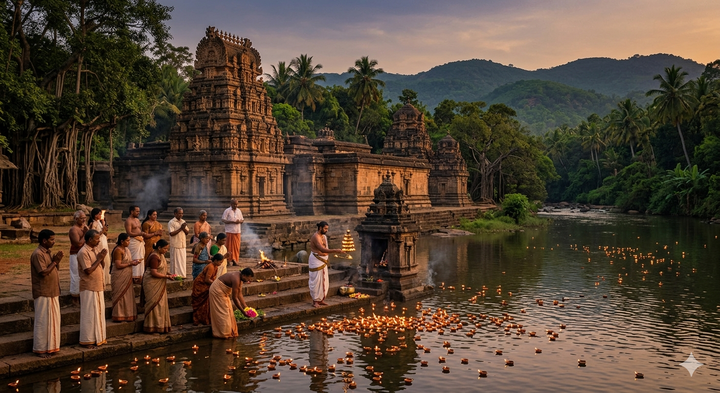 Asian Hindu worshippers performing a ritual along a riverbank at sunset, with ancient temple structures and lush greenery in the background.