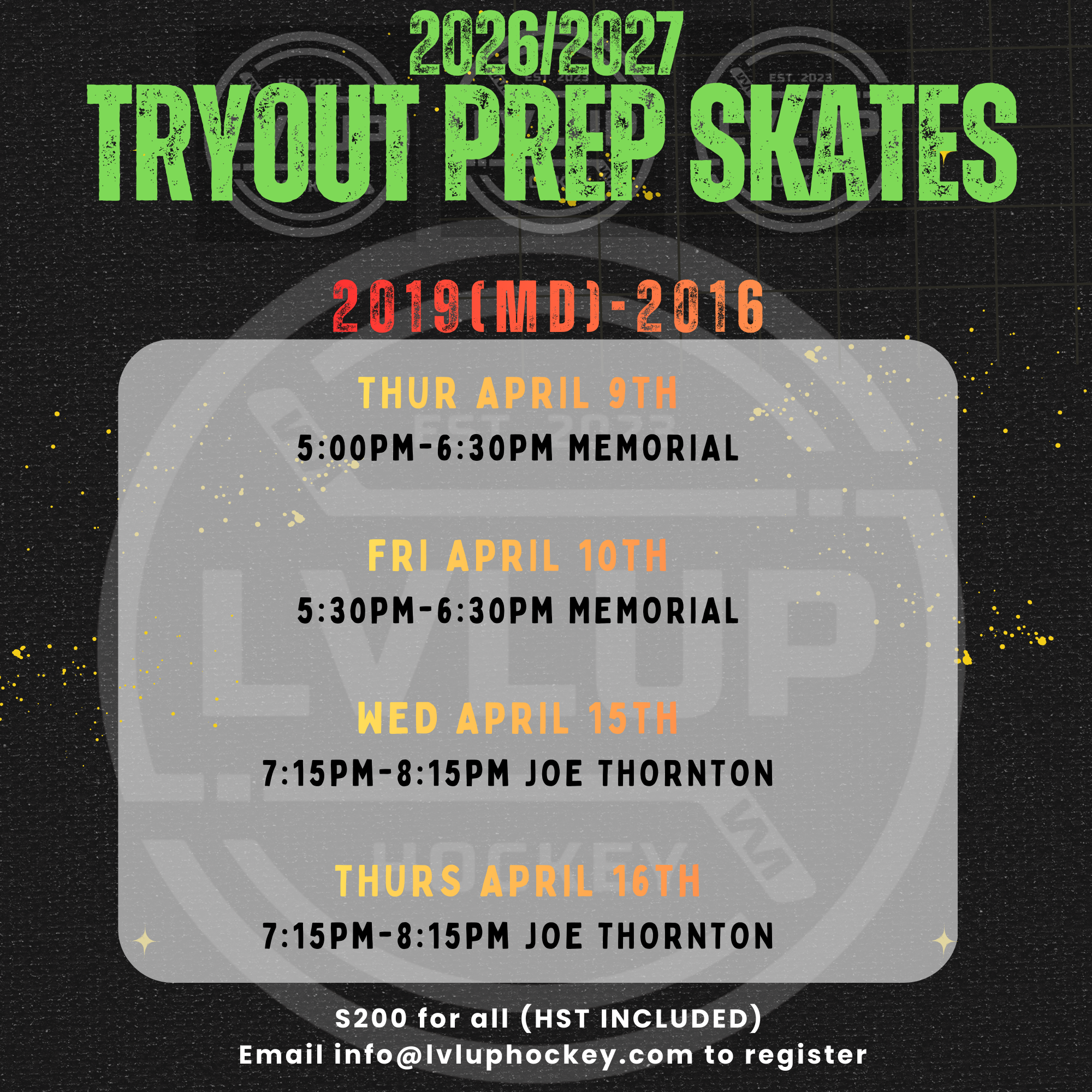 2026 Spring Tryout Prep Skates- 2016-2019(MD) AGE GROUP