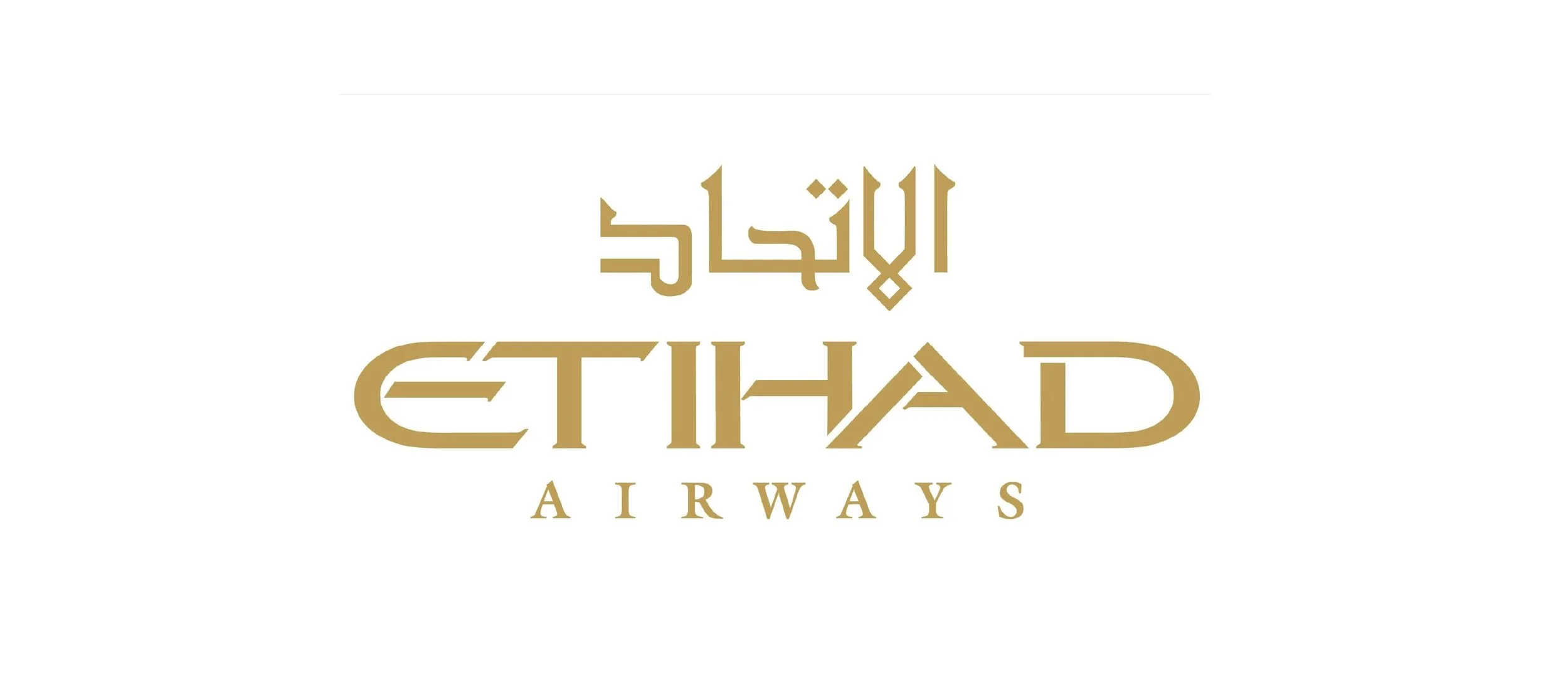 Etihad Airways logo with the name in Arabic and English in gold on a white background.
