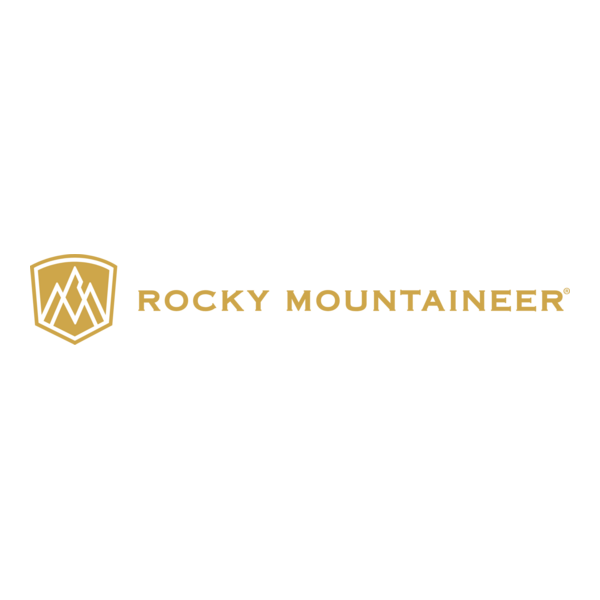 Rocky Mountaineer logo with gold shield emblem and gold text on a white background.