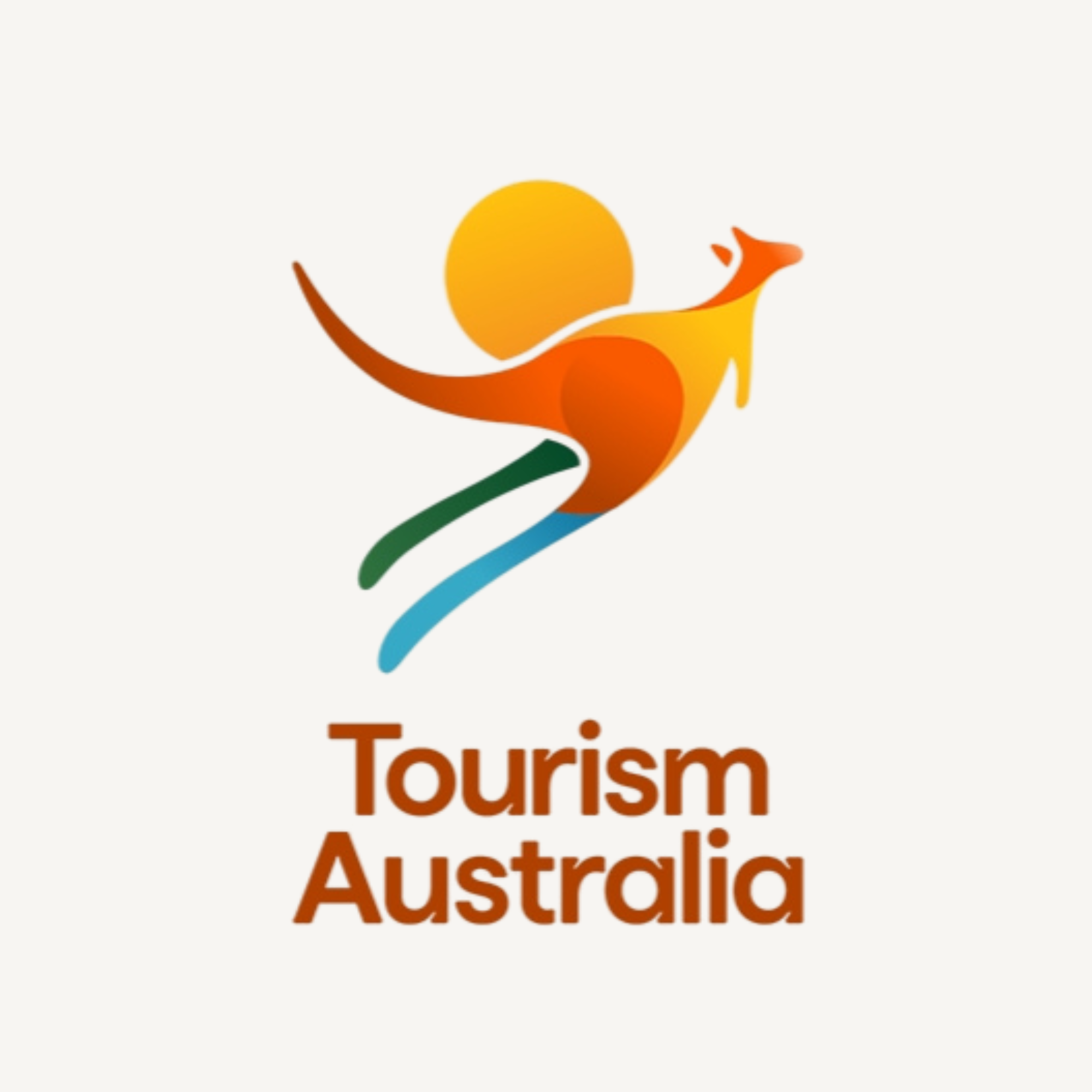 Logo with an abstract kangaroo shape, a yellow sun, and the words "Tourism Australia" in orange text.