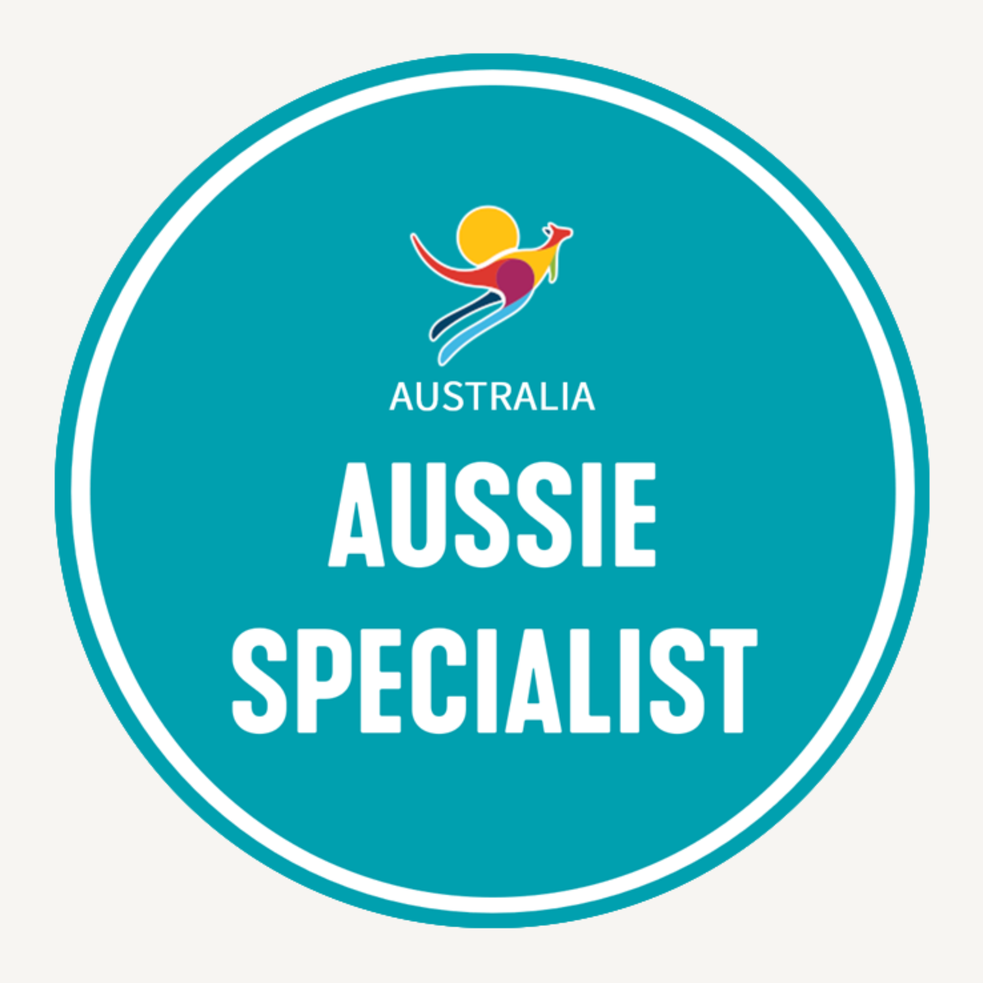 Circular badge with a stylized kangaroo inside the shape of Australia, accompanied by the words 'Australia', 'AUSSIE', 'OFFICIAL', and 'SPECIALIST'.