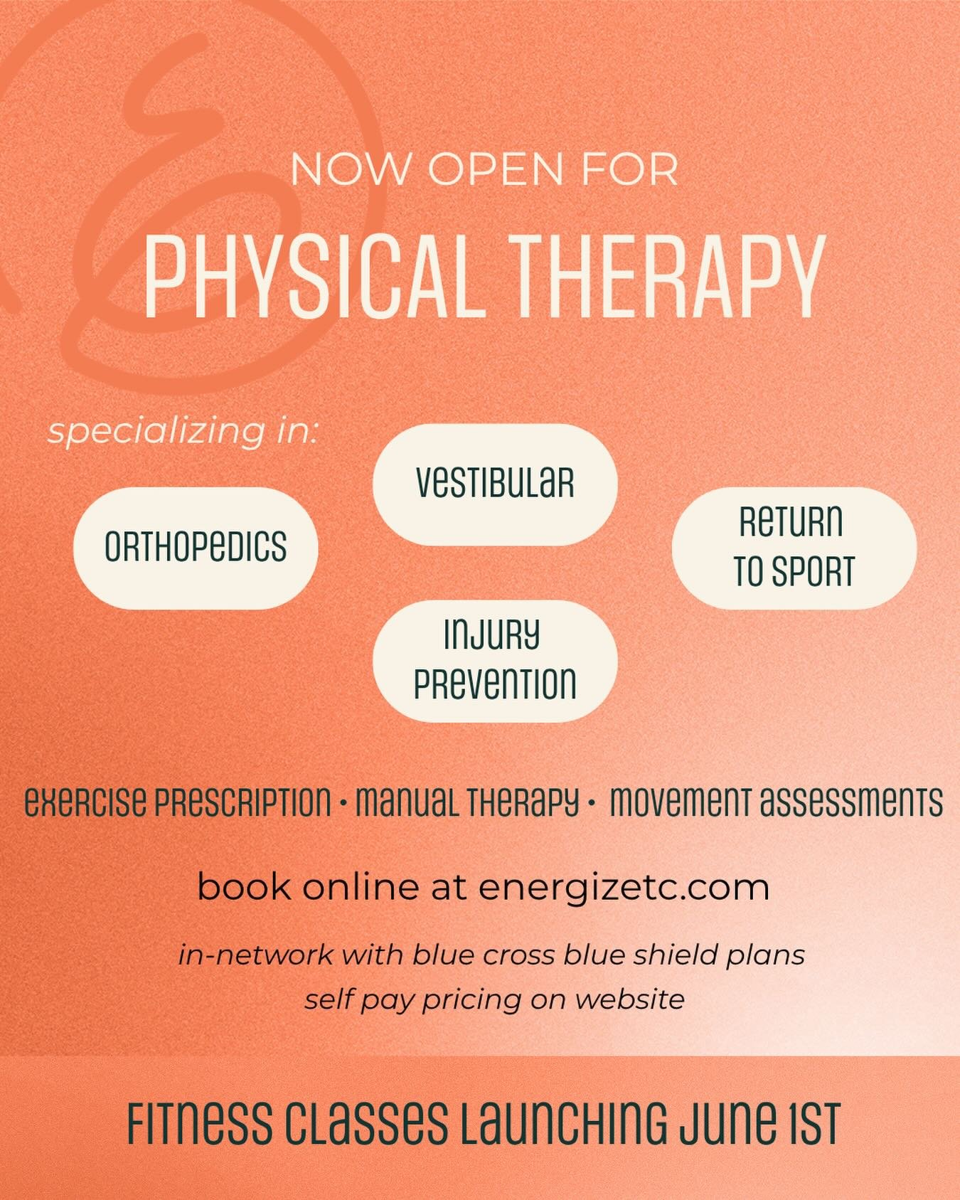 💛 one-on-one personalized physical therapy 

✅ now in-network with Blue Cross Blue Shield of Michigan 

💪🏻 out-of-network? superbills provided for easy reimbursement

Book online! We can&rsquo;t wait to meet you ☺️

#energizewellness #physicalther