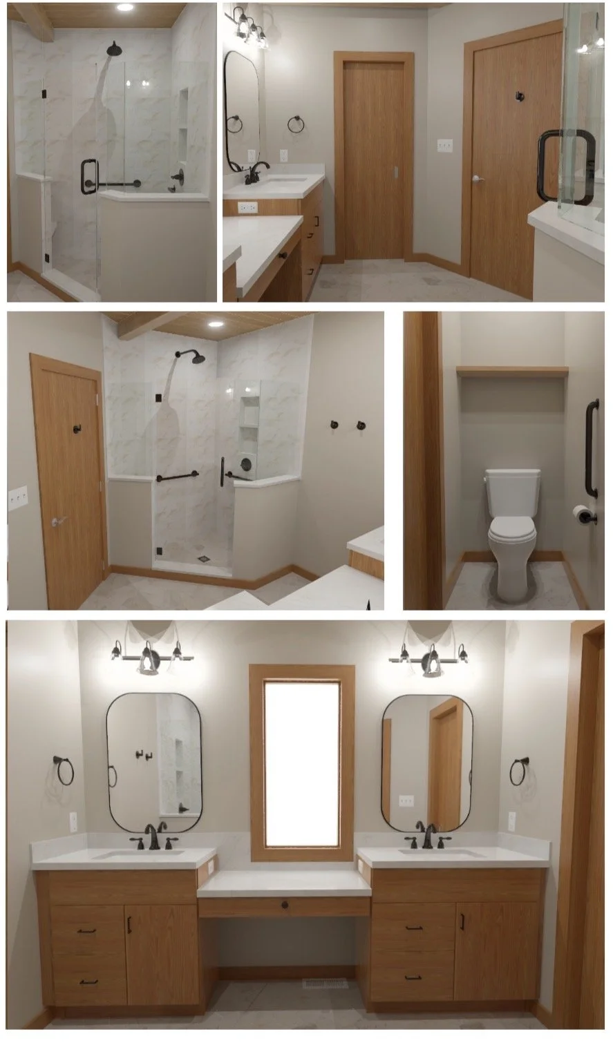 Interior view of a modern bathroom with dual vanities, a walk-in shower with marble tiles, a toilet, and wooden accents.
