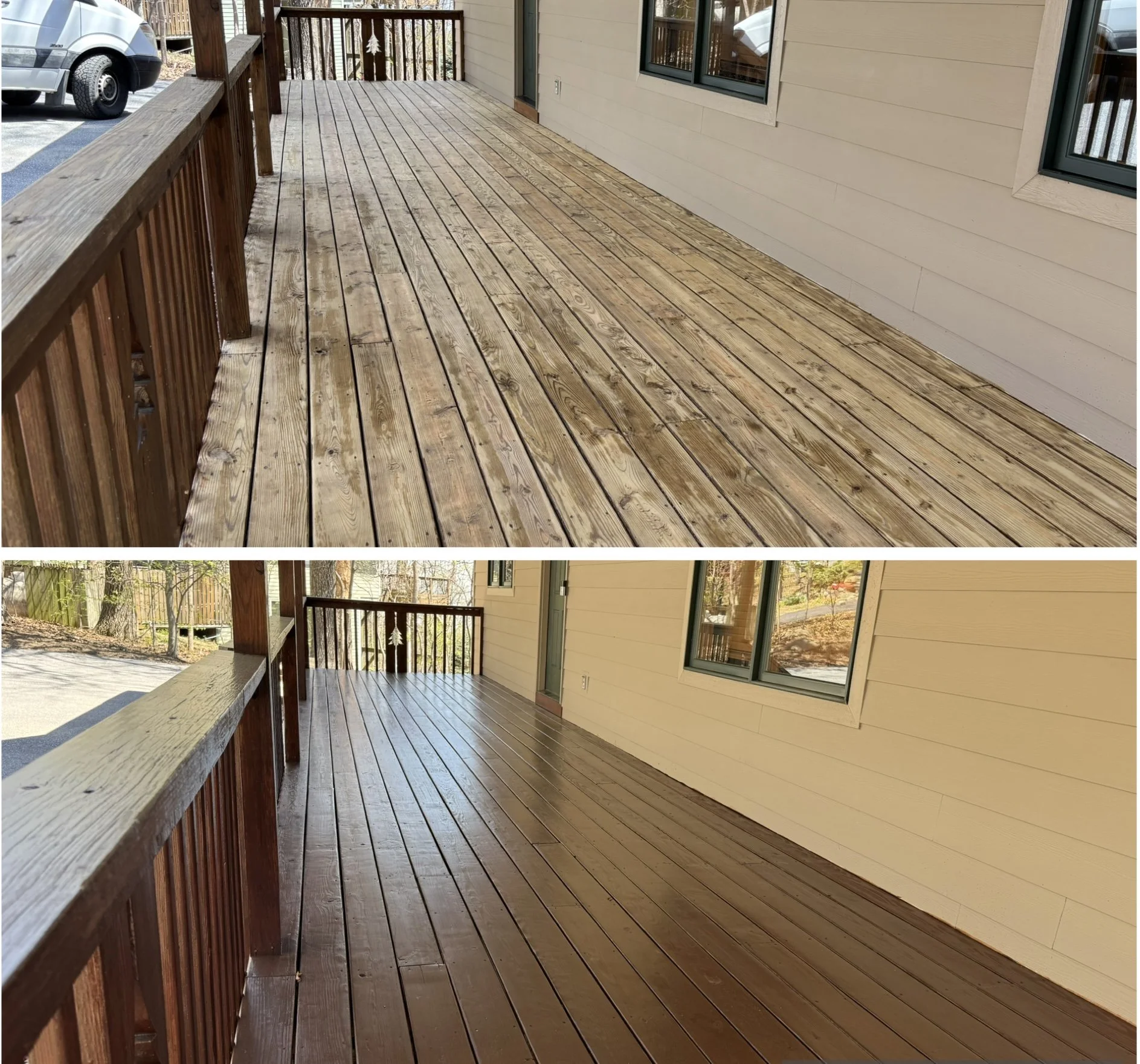 Some decks don't have roof above them and don't hold up this well over time. This one was protected, which kept the decking boards in great shape but we still had to sand the whole deck down to bring the boards in like a new shape. Drove all the nail