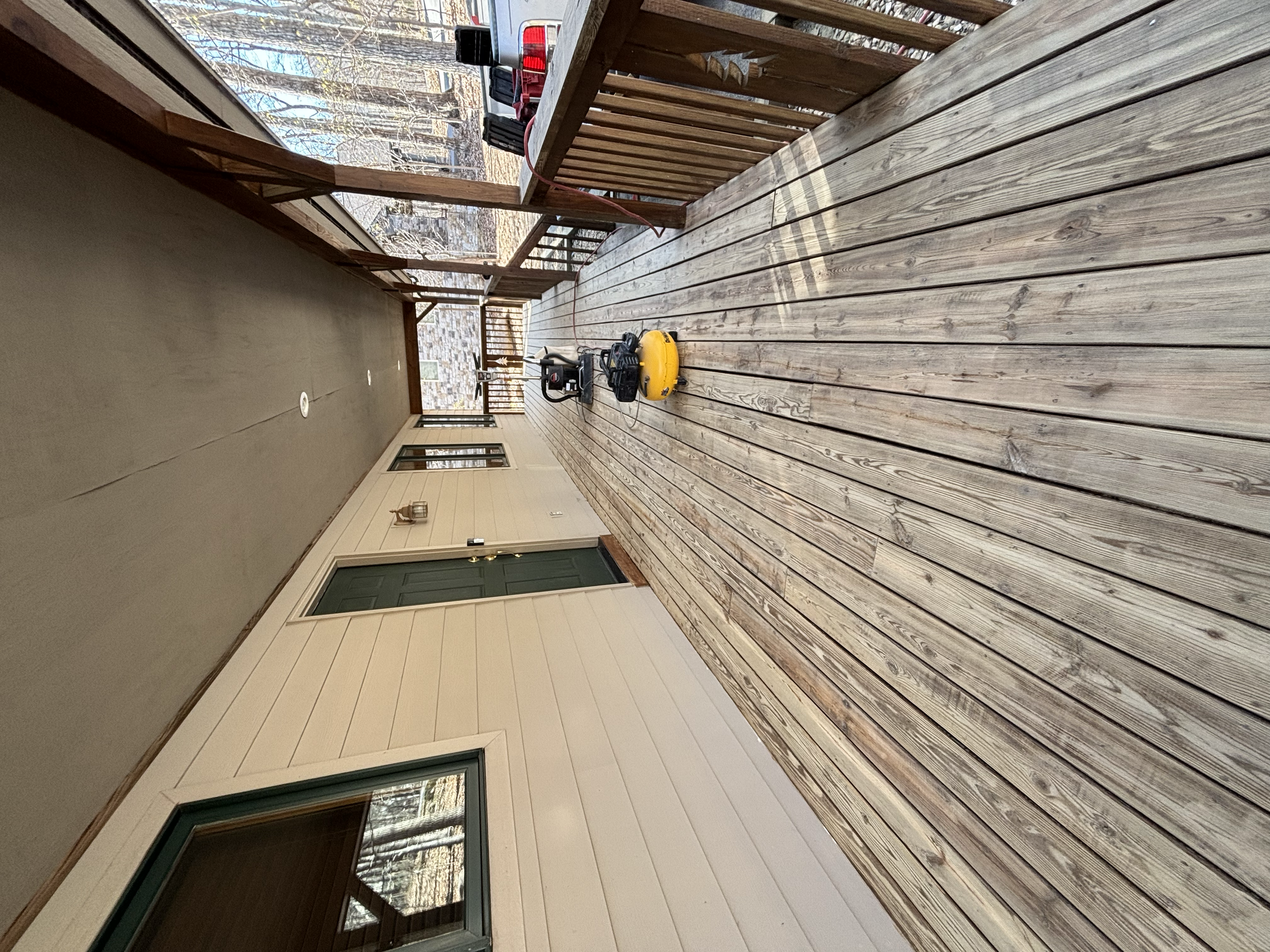 Some decks don't have roof above them and don't hold up this well over time. This one was protected, which kept the decking boards in great shape but we still had to sand the whole deck down to bring the boards in like a new shape. Drove all the nail