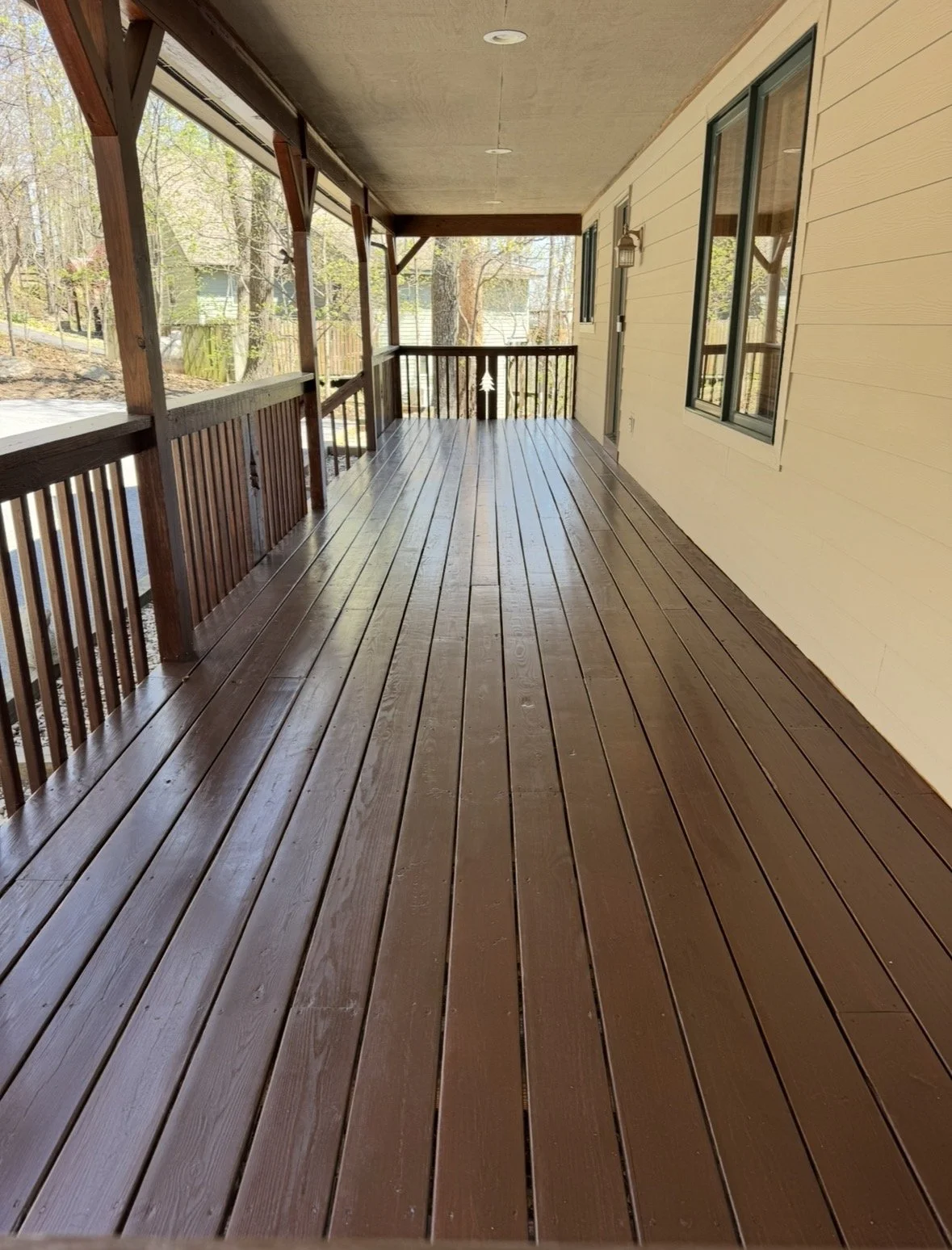 Some decks don't have roof above them and don't hold up this well over time. This one was protected, which kept the decking boards in great shape but we still had to sand the whole deck down to bring the boards in like a new shape. Drove all the nail