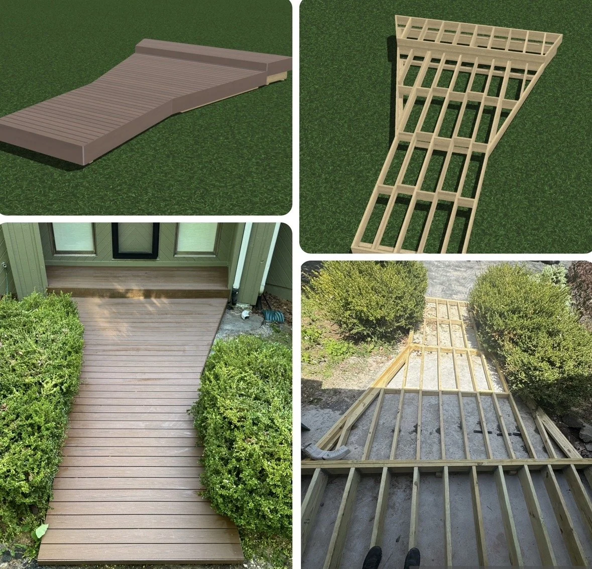 The collage shows the process of building a wooden deck. Top left: a finished wooden deck with a curved design. Top right: the frame of the deck being assembled with wooden beams. Bottom left: a completed deck attached to a house with a door, surroun