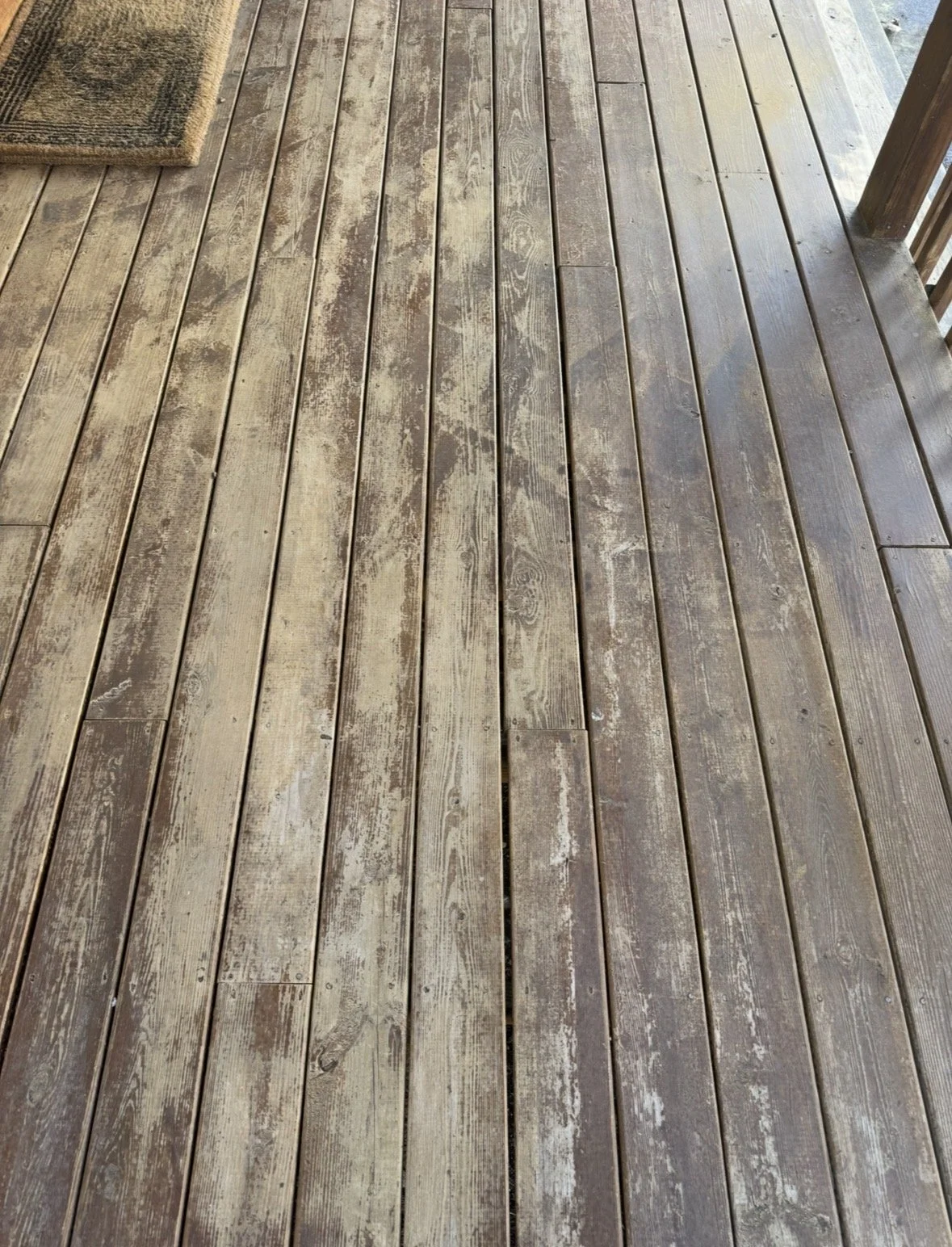 Some decks don't have roof above them and don't hold up this well over time. This one was protected, which kept the decking boards in great shape but we still had to sand the whole deck down to bring the boards in like a new shape. Drove all the nail