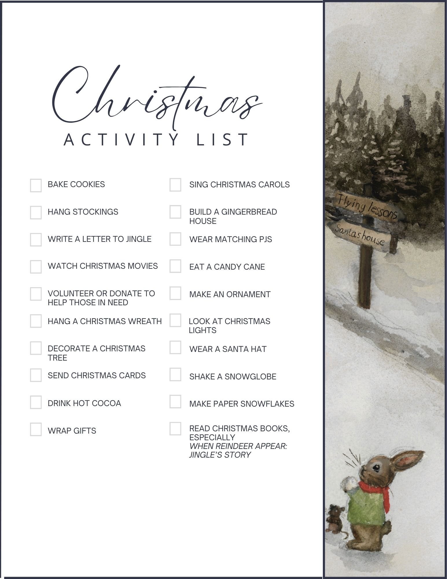 Printable Christmas activity checklist with 20 holiday to-dos for kids and families, including "write a letter to Jingle" and "read When Reindeer Appear: Jingle's Story."