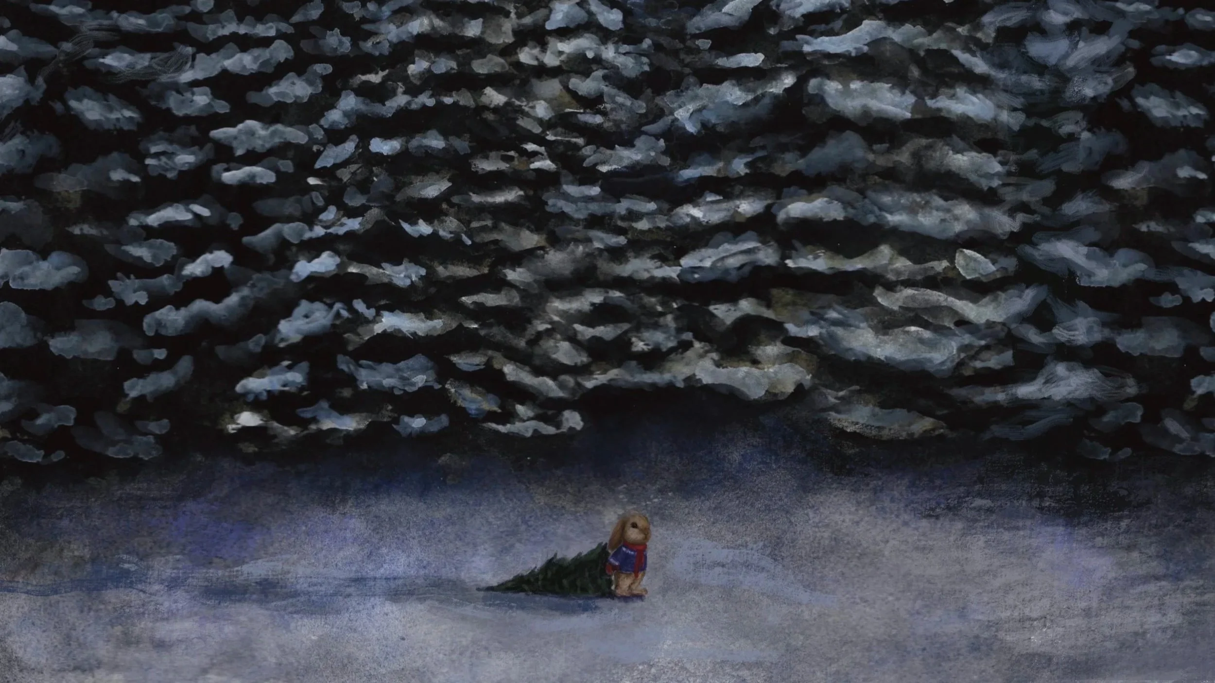 Illustration of a bunny holding a tree in the snow