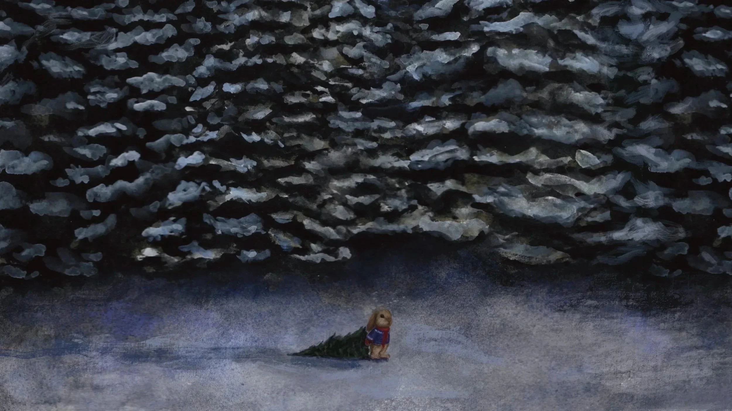 Illustration of a bunny holding a tree in the snow