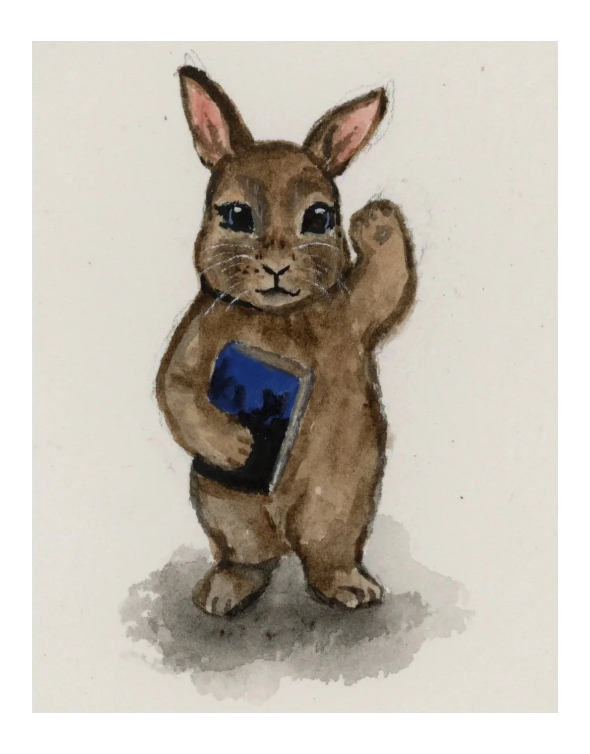 A watercolor bunny waves goodbye while holding a copy of When Reindeer Appear: Jingle's Story.