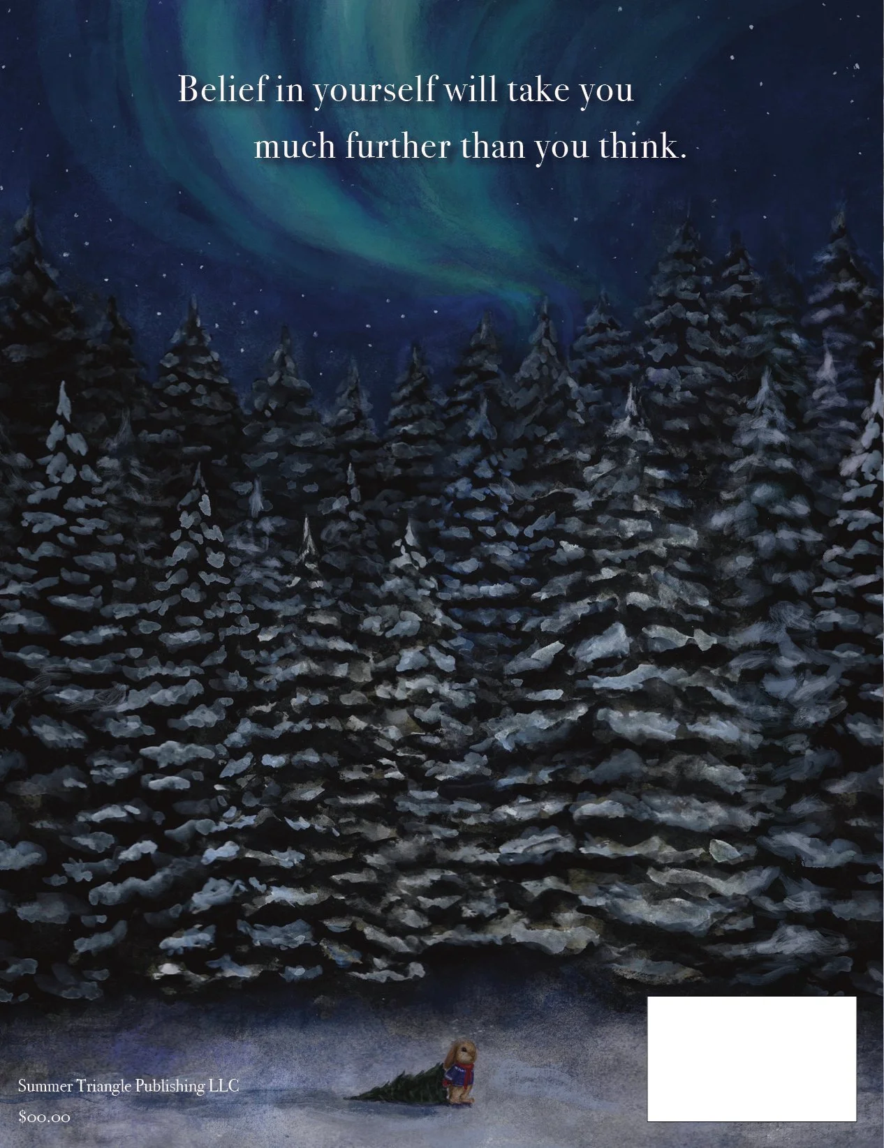 Back cover of When Reindeer Appear: Jingle's Story showing a bunny carrying a tree in the snow